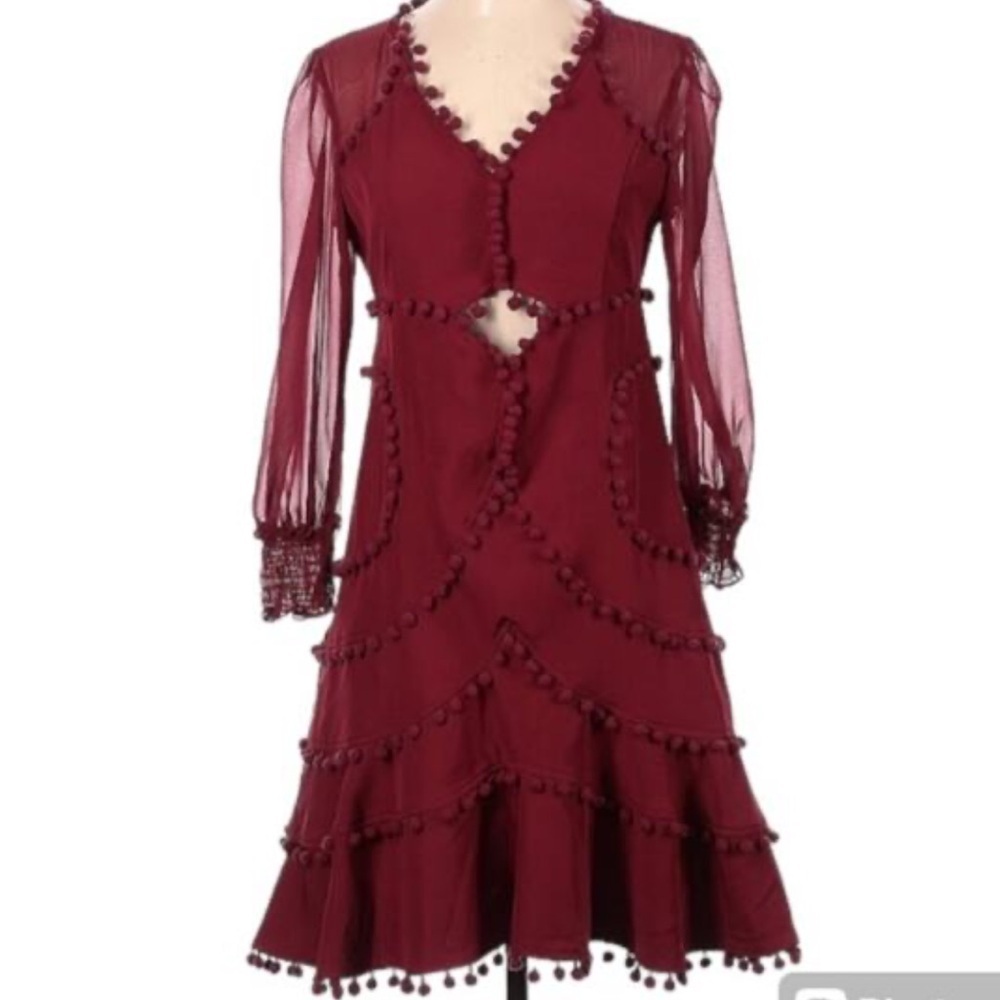 Burgundy Red V-Neck Cutout Tassel Dress With Pom-Pom Detailing L